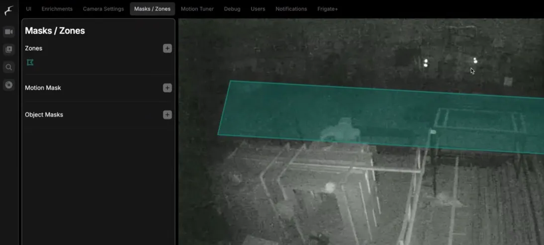 Frigate's Masks and Zones screen: a teal zone drawn across a night infrared camera view of a yard