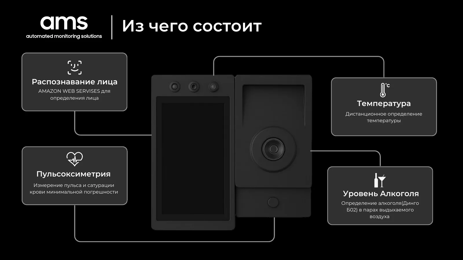 Pitch deck, the components: face recognition with Amazon Web Services, remote temperature, pulse oximetry and a Dingo B02 alcohol sensor, drawn around a render of the unit