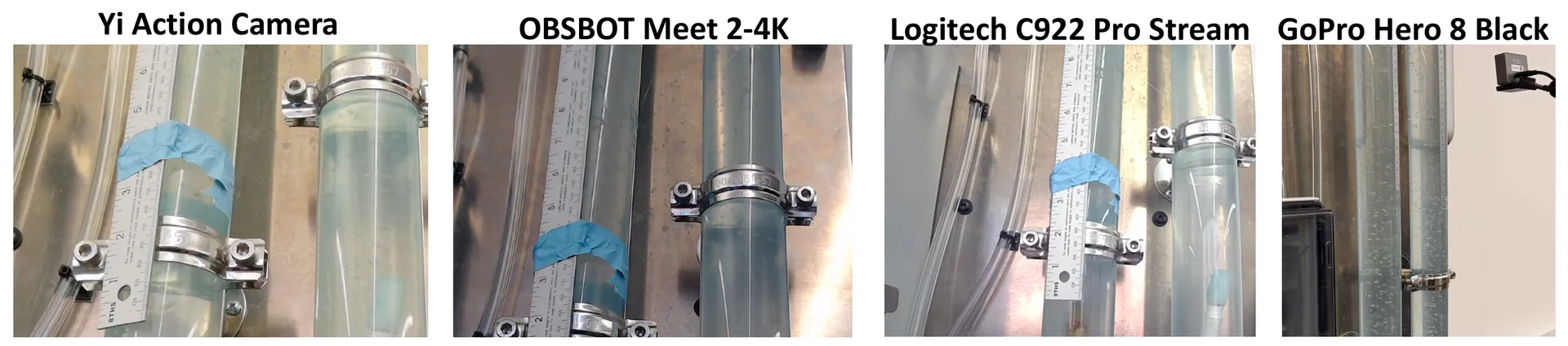 Four views of the rig's columns from the poster, labelled Yi Action Camera, OBSBOT Meet 2-4K, Logitech C922 Pro Stream and GoPro Hero 8 Black