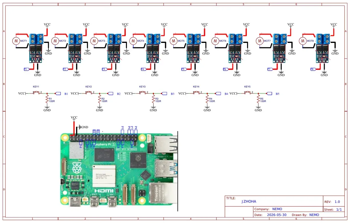 Schematic: eight MOSFET motor driver modules, five keys with 100 ohm resistors, and a Raspberry Pi 5 GPIO header