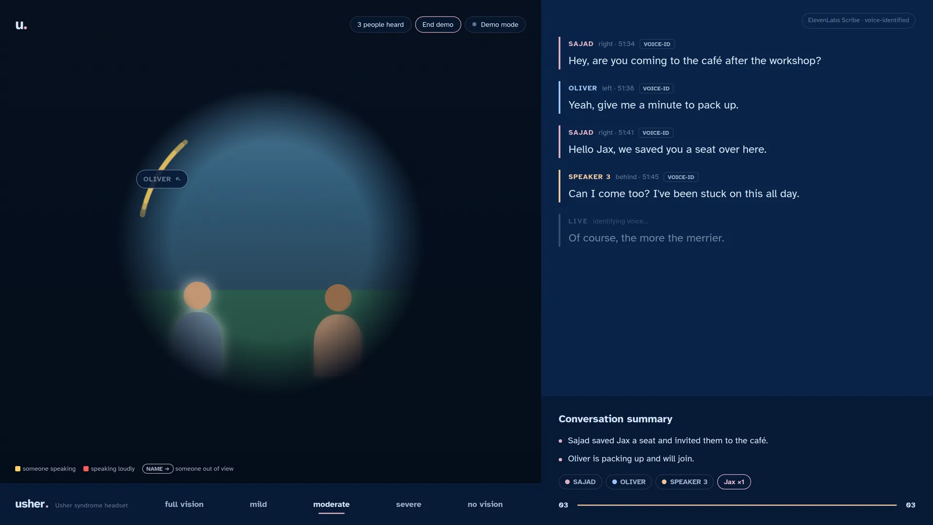 The judge web app in its demo mode: a camera view with a tunnel-vision circle on the left, a voice-identified transcript and a conversation summary on the right