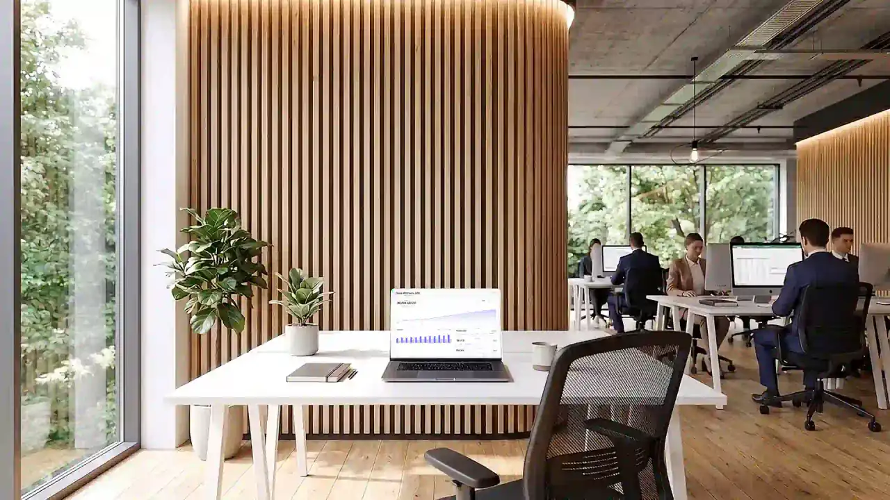 The first frame of the zyp.co hero: an open-plan office, with a laptop on a white desk by the window and people working at the desks behind