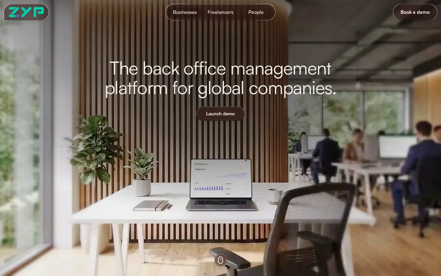 The zyp.co hero: an office with a laptop on a white desk, under 'The back office management platform for global companies'