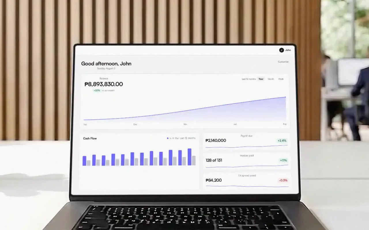 Further into the hero sequence: the shot has moved in to the laptop on the desk, its screen showing the product dashboard