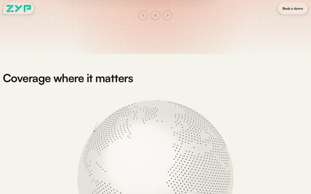 The section 'Coverage where it matters' on www.zyp.co: a pale globe with its land drawn as a field of dots