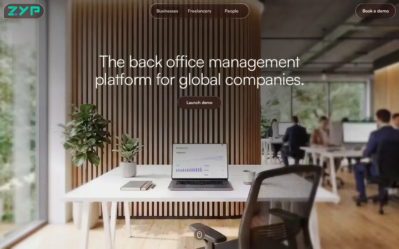 The top of www.zyp.co: an office with a laptop on a white desk, under the headline 'The back office management platform for global companies.' and a Launch demo button